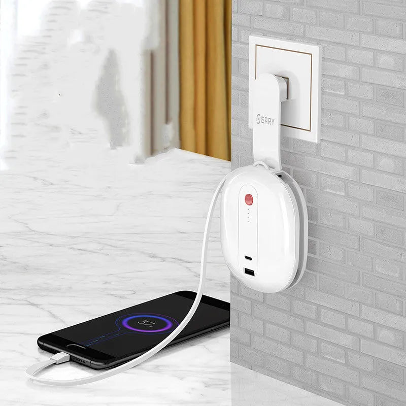 White power bank with built-in plug showing square aluminium case design and 10000mAh capacity