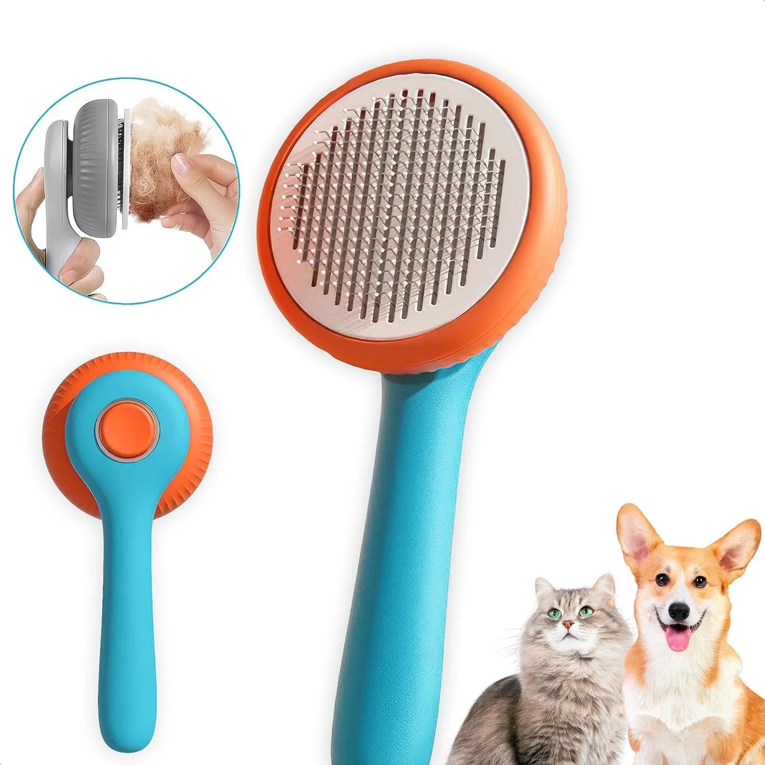 Blue and white pet grooming brush with self-cleaning slicker comb for cats and dogs
