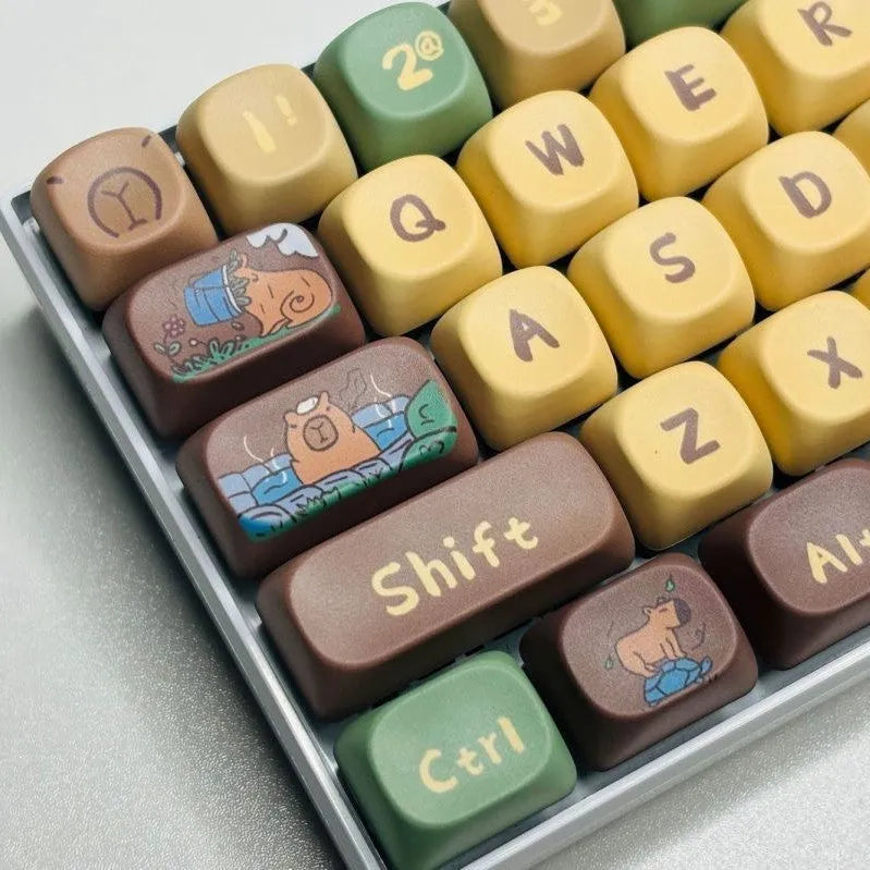Capabala PBT Girl MOA height 130-key mechanical keyboard keycap set laid out, showing colourful design.