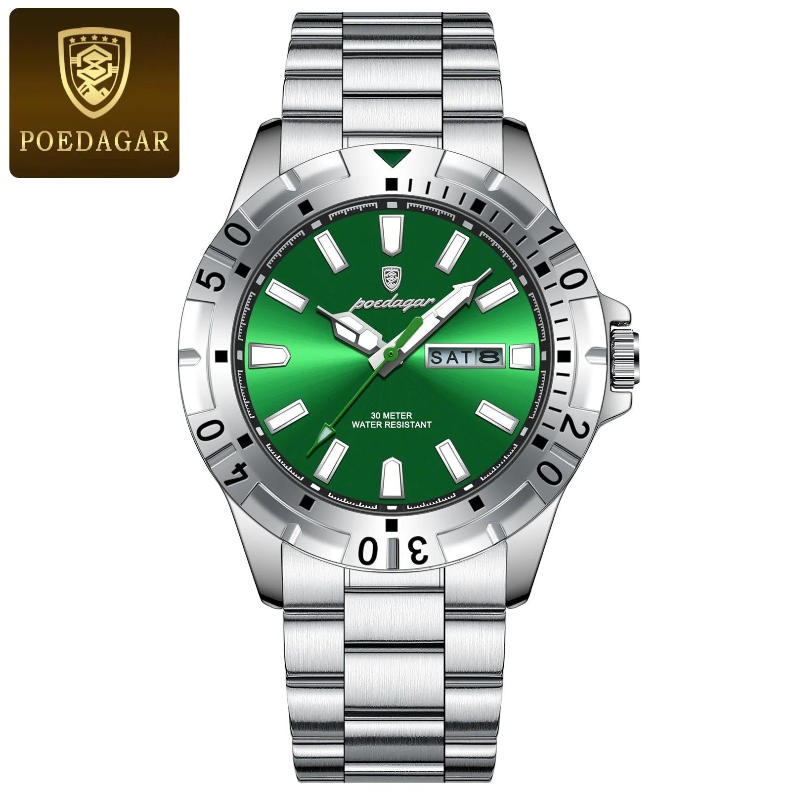 Swiss men's luminous waterproof watch with 6mm thickness in silver case green dial configuration