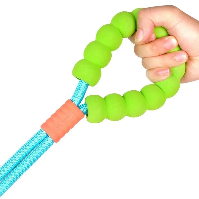 Nylon dog lead with foam handle showing black, light purple, sky blue and yellow colour options