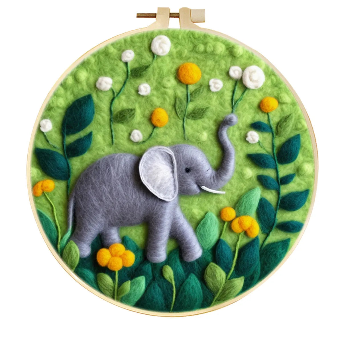 Round linen embroidery frame with wool felt floral decoration kit for three-dimensional wall art