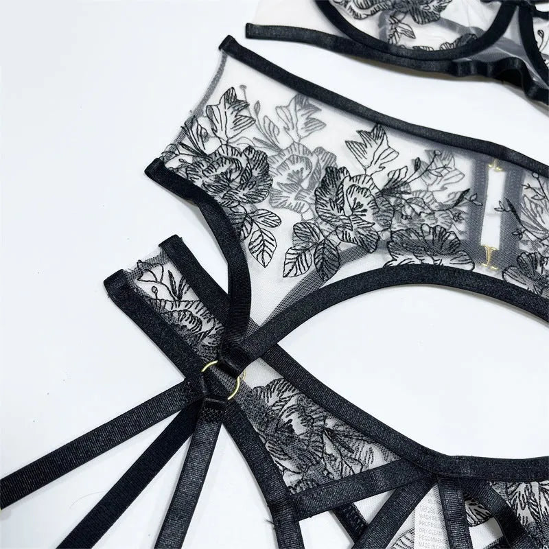 Black lace mesh three-piece women's set with floral print top, matching trousers and waist ring