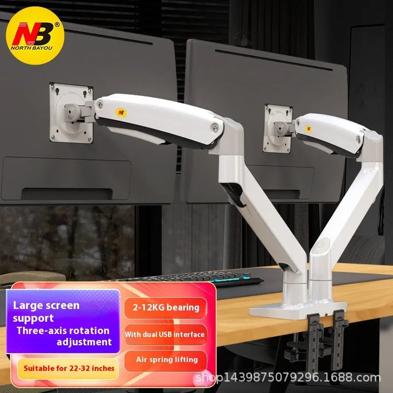 Aluminium dual monitor desk stand holding two screens, with mechanical adjustment arms.