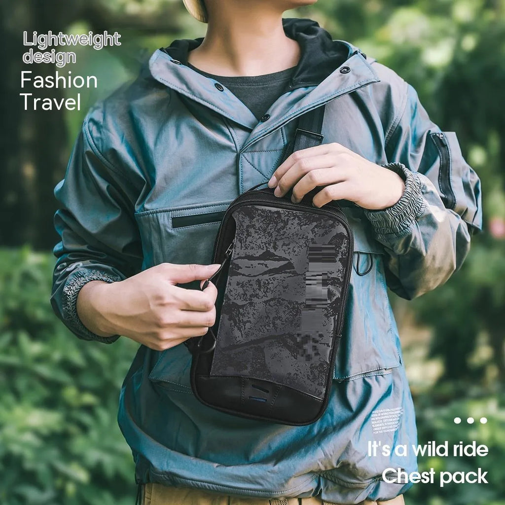 Casual black waterproof TPU chest bag with landscape camouflage pattern and adjustable shoulder strap