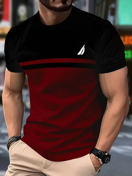 Men's loose fit casual short sleeve T-shirt in polyester, shown in a contrast colour option.
