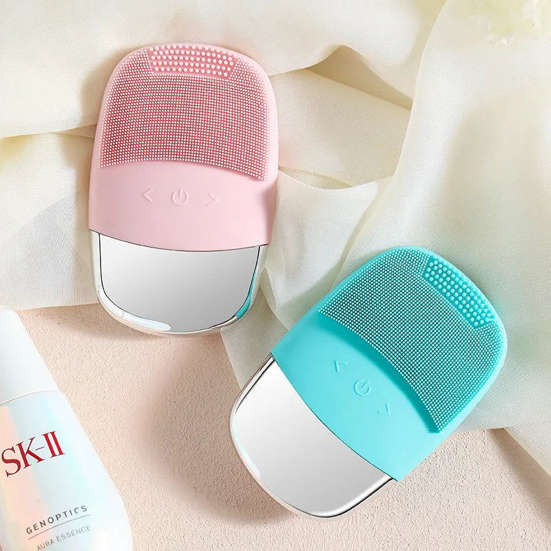Silicone electric facial cleanser brush with ultrasonic vibration and 3 gears, shown in Lake Blue and Cherry Blossom Powder