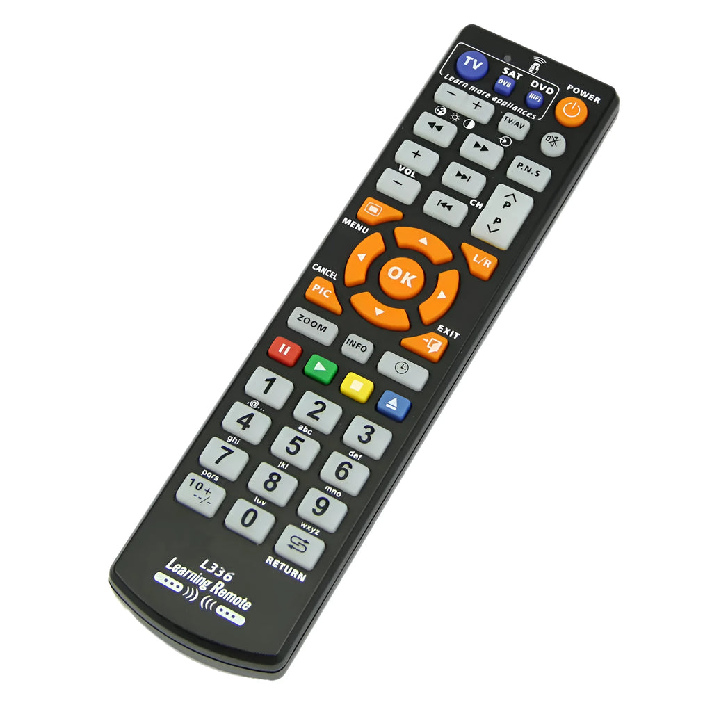 Black L336 learning remote control with button layout for universal device programming