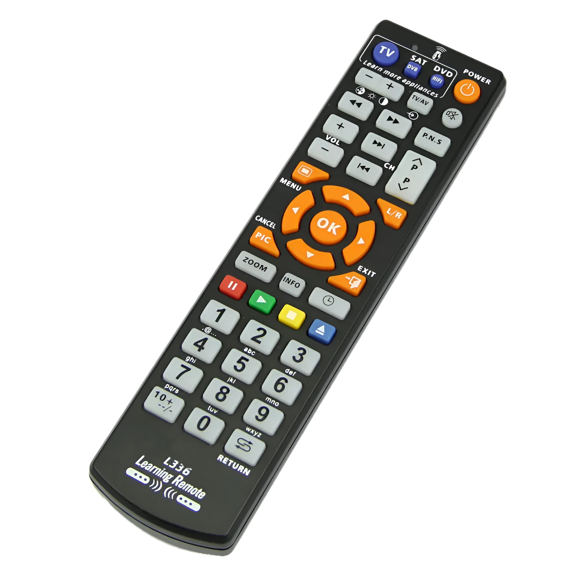 Black L336 learning remote control with button layout for universal device programming