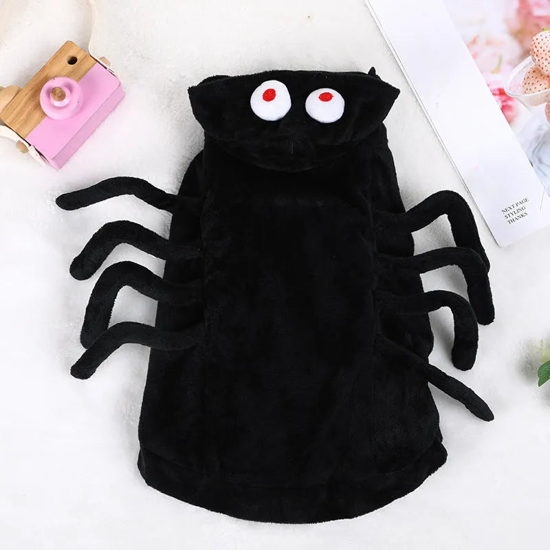 Spider pattern Halloween dog costume in polyester fabric available in sizes S, M, and L