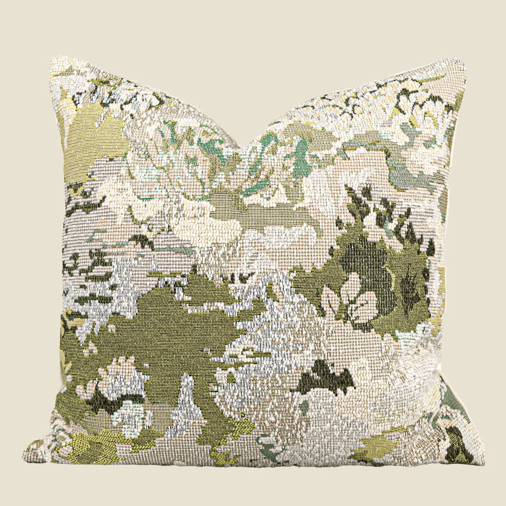 Antique green wool blended abstract pillow with spring flowers pattern in 50x50cm square size.