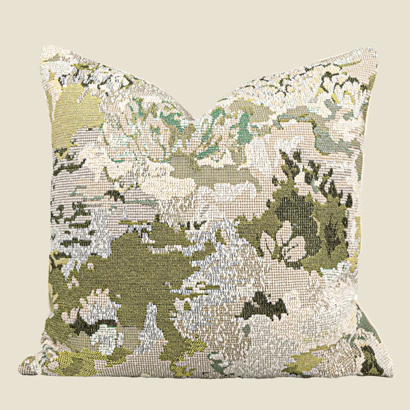 Antique green wool blended abstract pillow with spring flowers pattern in 50x50cm square size.