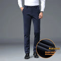 Men's slim fit stretch casual trousers in black polyester fiber with straight leg design and elastic waistband