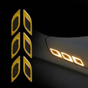 Blue reflective warning tape applied to car wheel bumper showing 17mm width and universal fit design