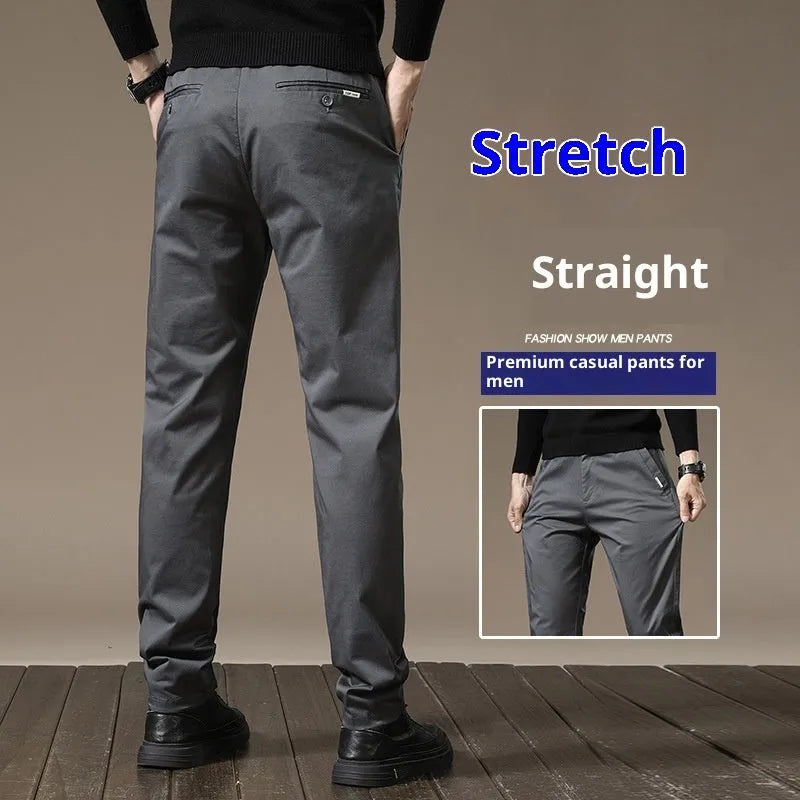 Combed cotton light business casual trousers for men, mid waist, medium elastic, available in black, dark gray, khaki, grass gray, sizes 28 to 36