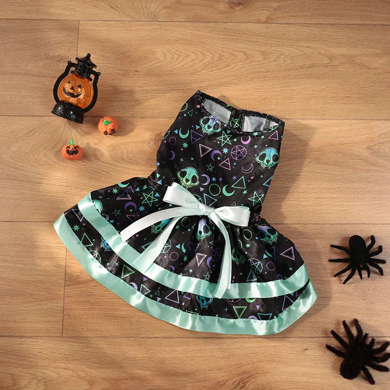 Halloween dog skirt with colourful pumpkin and skull prints, shown on a model dog.