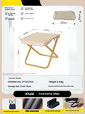 Lightweight foldable camp stool in Oxford cloth, shown in khaki colour, folded and unfolded.