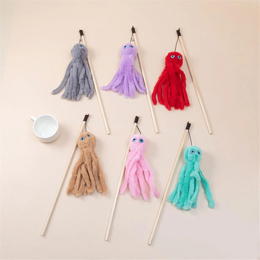 Furry octopus cat toy on 40cm wand for interactive indoor play with kittens