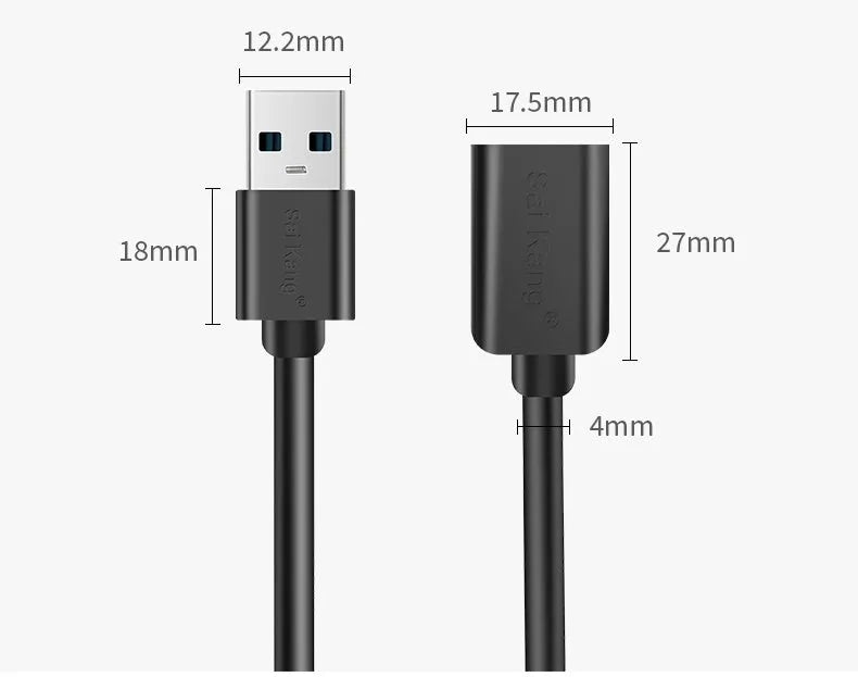 Black USB 3.0 and 2.0 male to female extension cable with aluminium foil and mesh shielding shown at various lengths.
