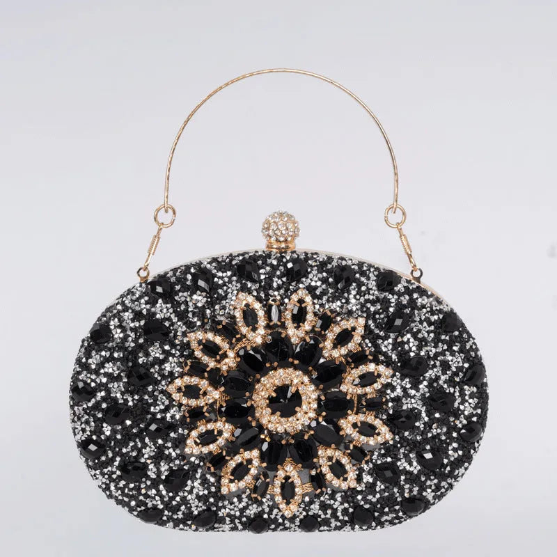 Gold hardware and rhinestone banquet handbag with structured retro design measuring 20cm wide
