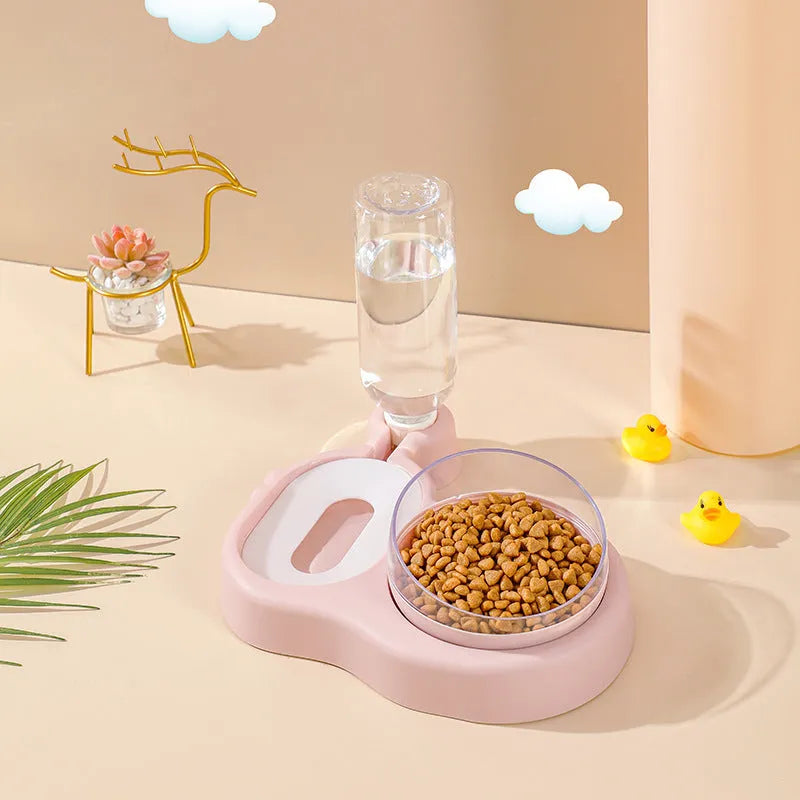 Double bowl automatic pet feeder with 360 degree rotation and tilt for cats in grey colour