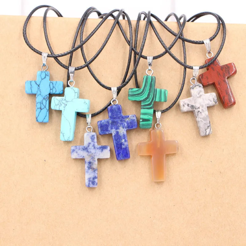 Natural stone cross marble pattern crystal pendant necklace in retro geometric shape, available in 25 colours, with alloy setting and snake bones chain