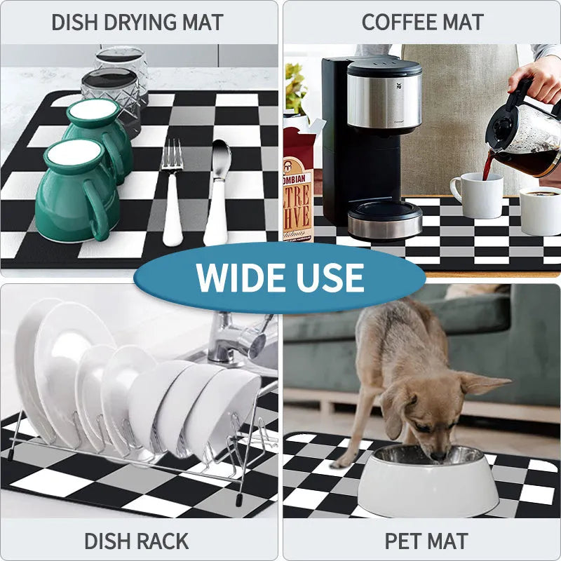 Square kitchen drain pad mat with black PU leather surface showing liquid absorption and rubber anti-slip backing