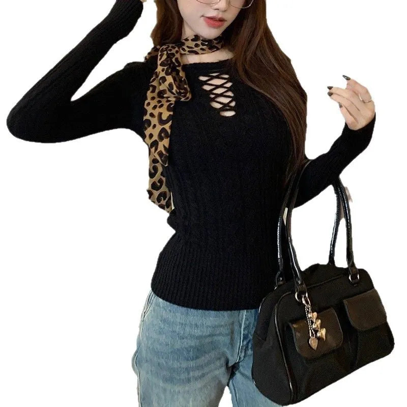 Women's long-sleeved knitted pullover sweater in slim fit with hollow detail, shown in beige, red, yellow, and black.