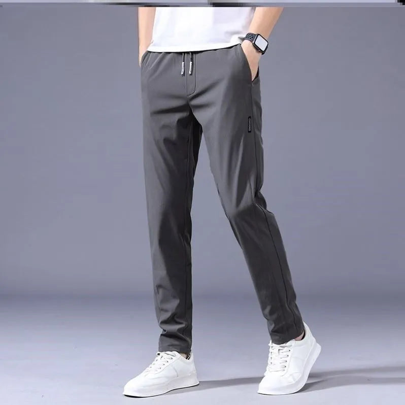 Men's loose straight drawstring sweatpants in khaki, summer casual thin trousers Korean version