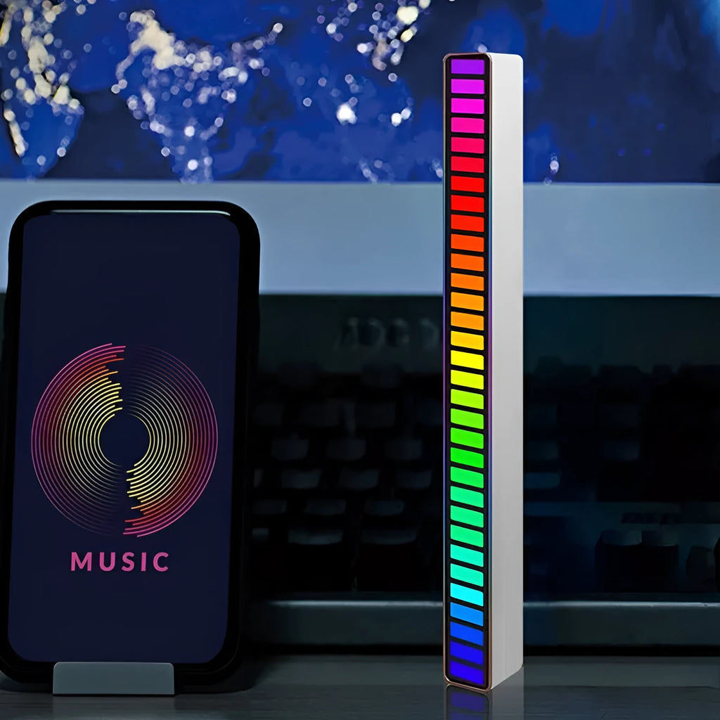 Desktop sound control music rhythm light with spiral acrylic shade and RGB Symphony colour pattern, white finish
