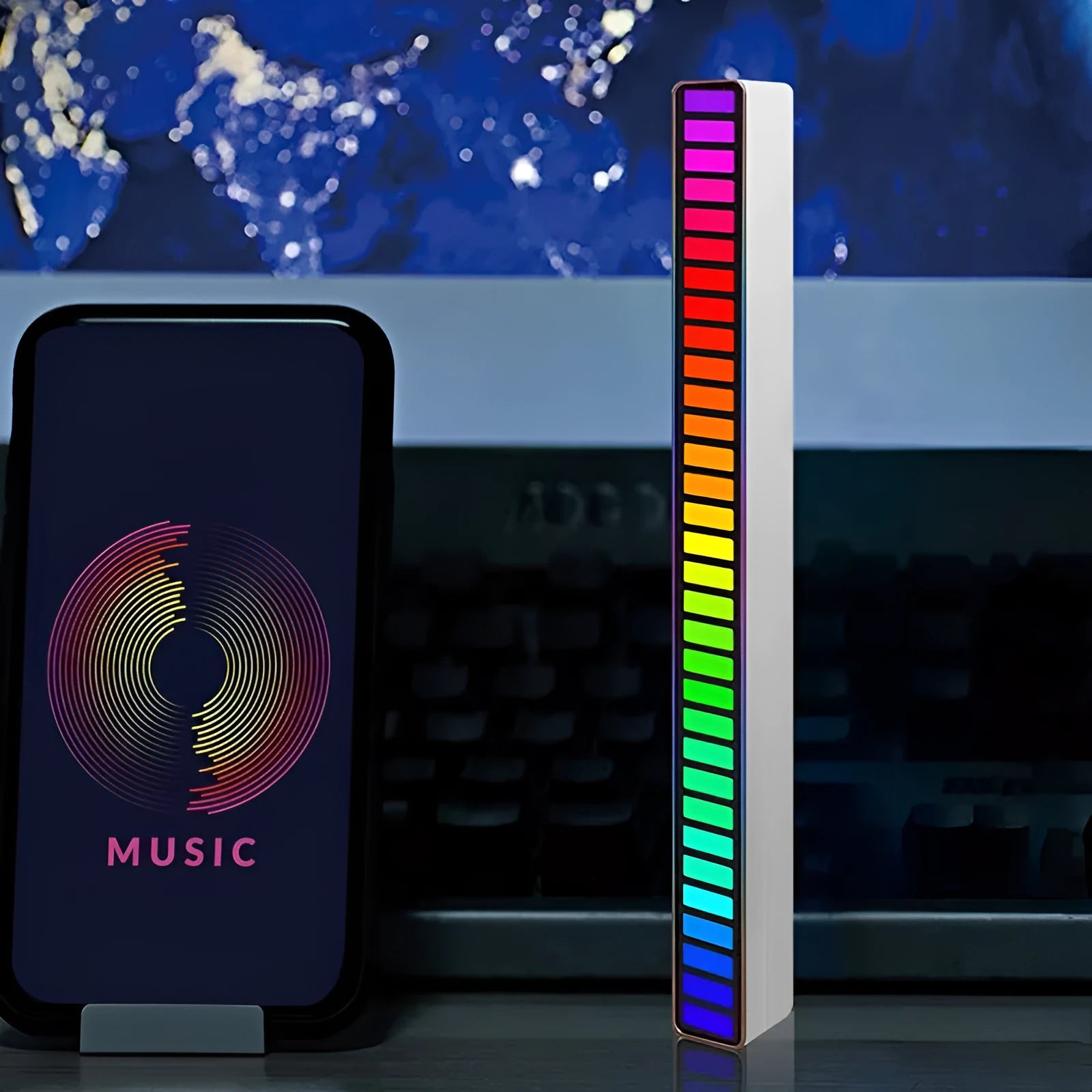 Desktop sound control music rhythm light with spiral acrylic shade and RGB Symphony colour pattern, white finish