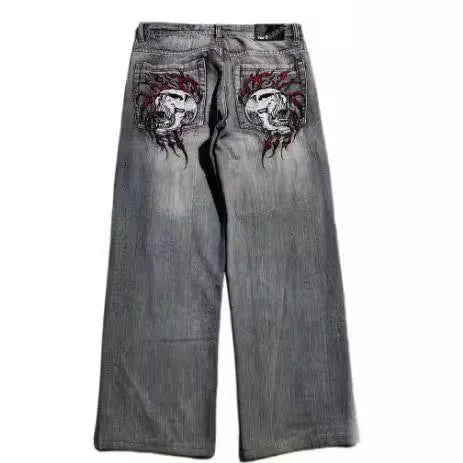 Men's grey washed-out wide-leg denim jeans with a straight leg and mid-waist design