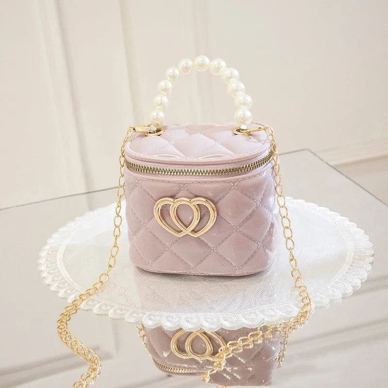 Women's heart-patterned PVC bucket gel bag in apricot colour with bucket shape