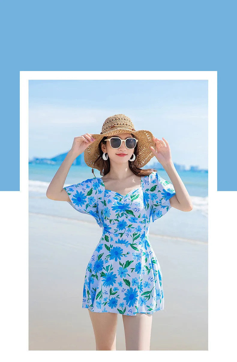 Women's dress-style slimming swimsuit with floral printed pattern in polyester fibre
