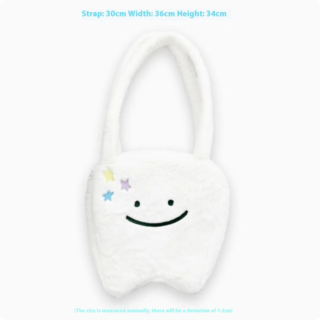 White plush shoulder tote bag with cute teeth design and zip opening