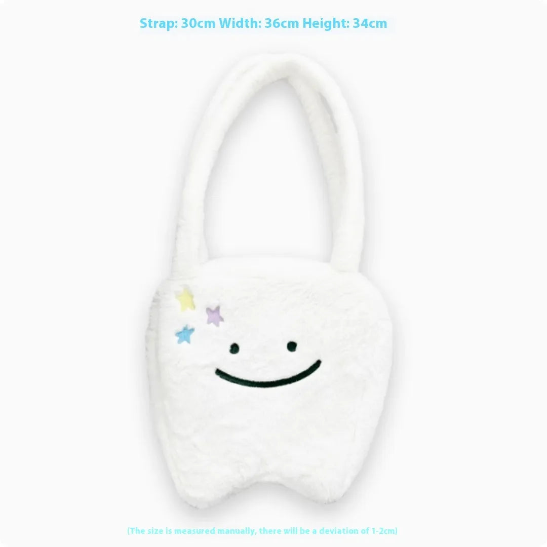 White plush shoulder tote bag with cute teeth design and zip opening