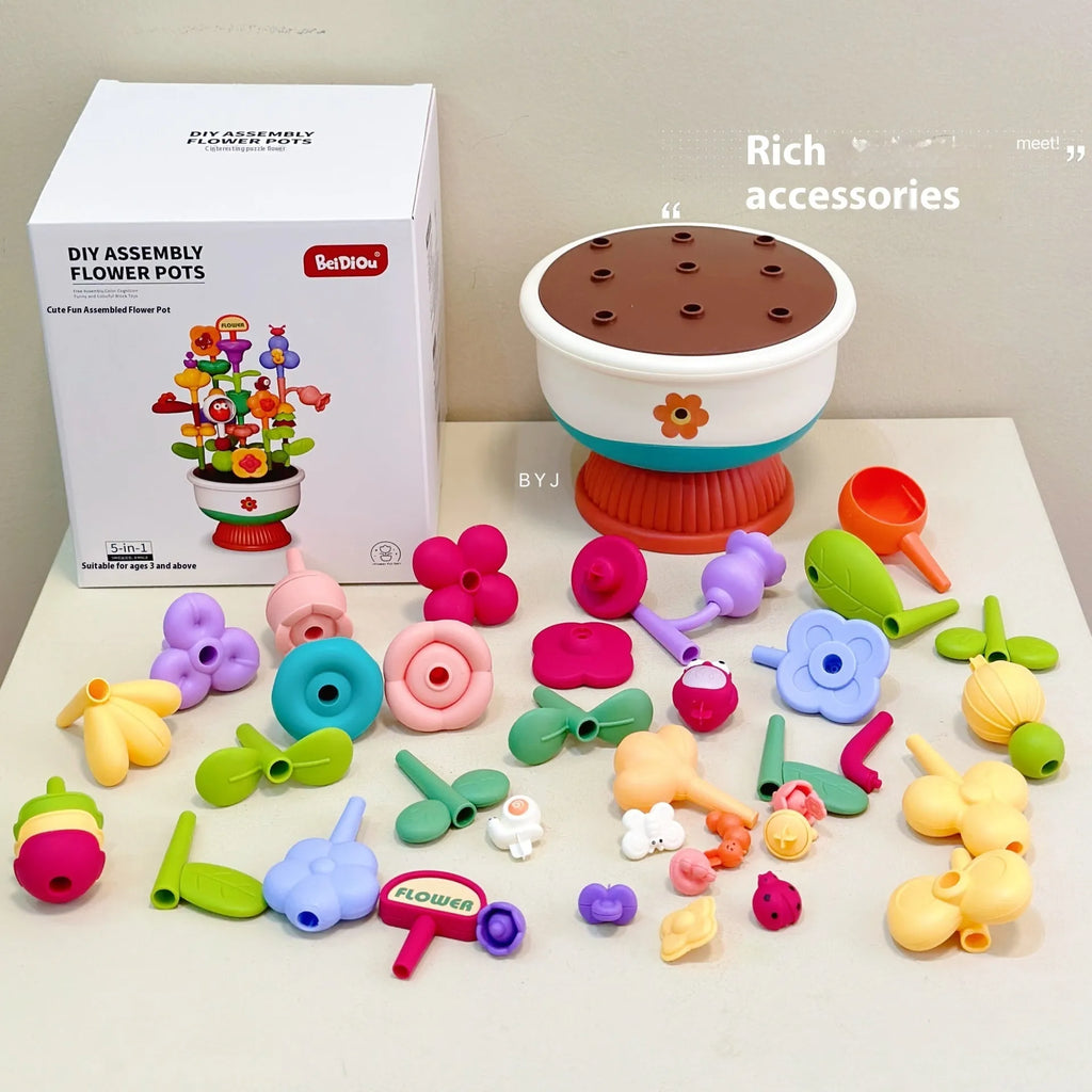 Children's plastic flowerpot building blocks set in colour box packaging for creative garden assembly toy