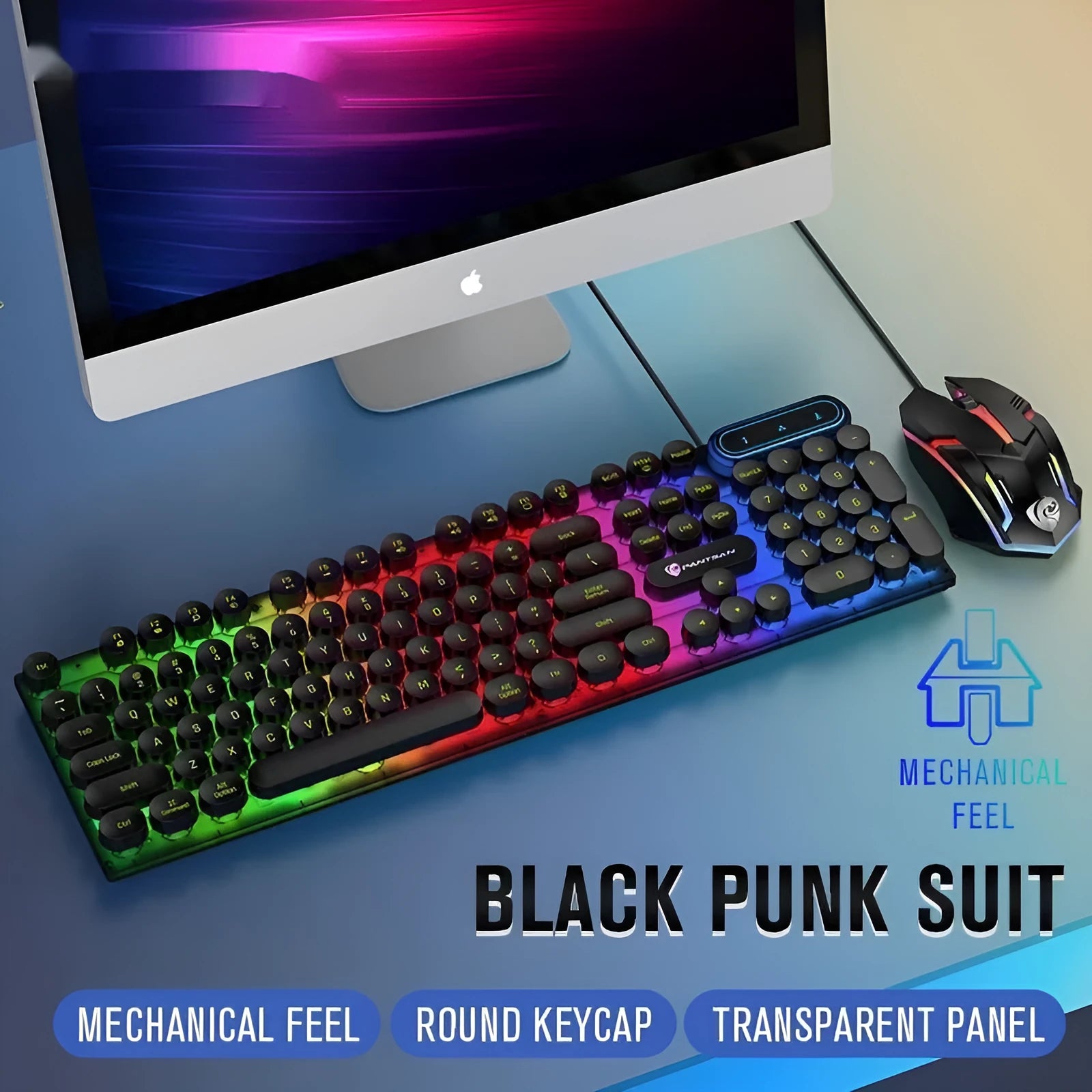 Desktop computer wired keyboard and mouse set, black, with USB cable on desk
