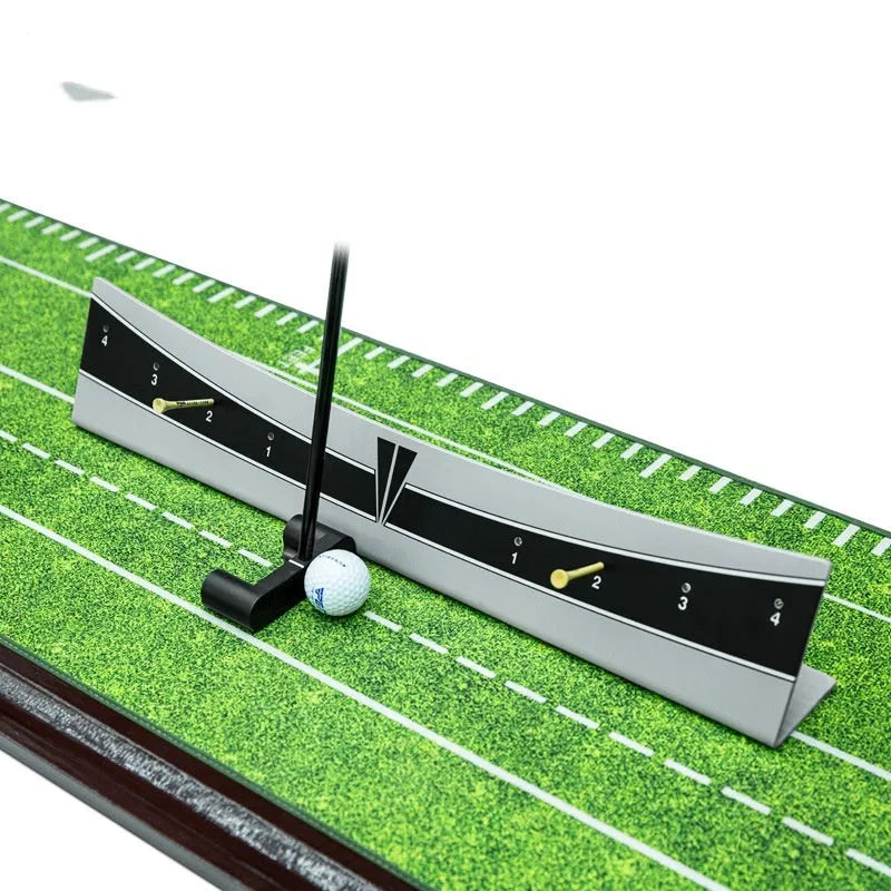 Golf putter trajectory balance simulator with adjustable push rod on a green putting mat