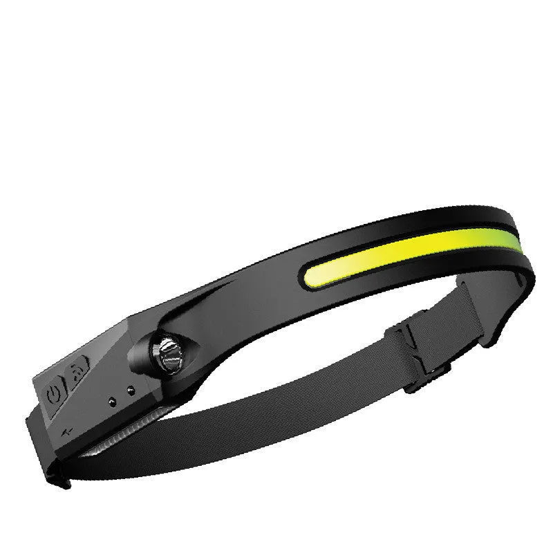 Black USB rechargeable headlamp with a wide COB LED lens and a side wave sensor on the headband.