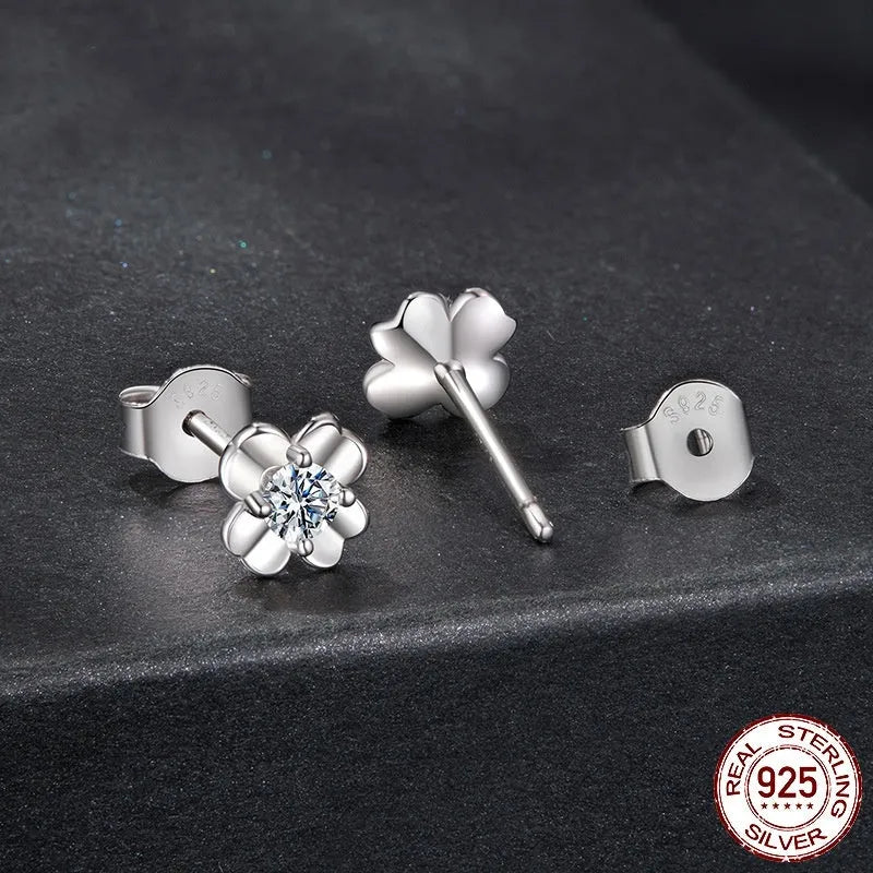 S925 sterling silver clover stud earrings with 10 points moissanite, electroplated, pair with certificate
