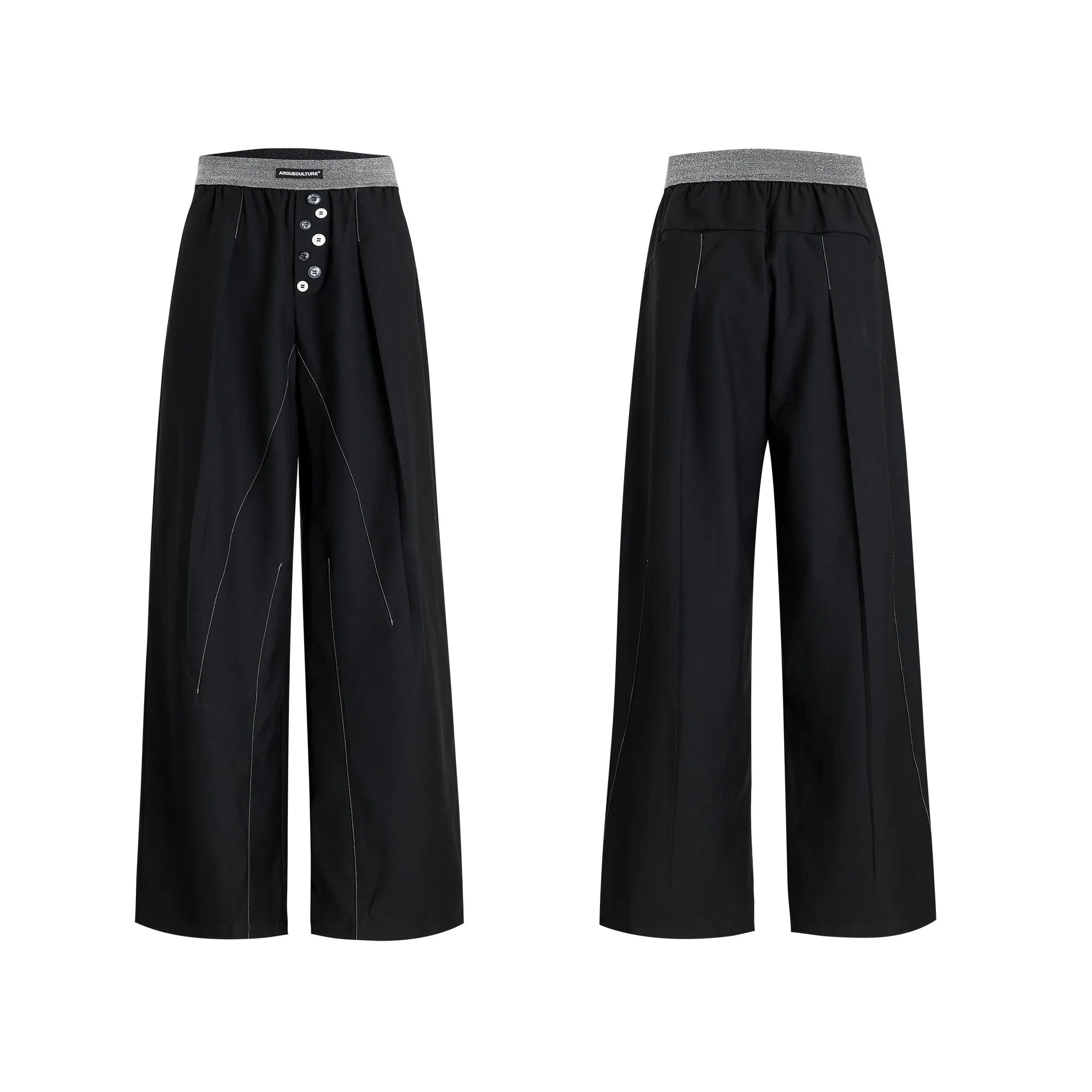 Drooping straight suit pants in black or grey with a high waist and button-open line detail.