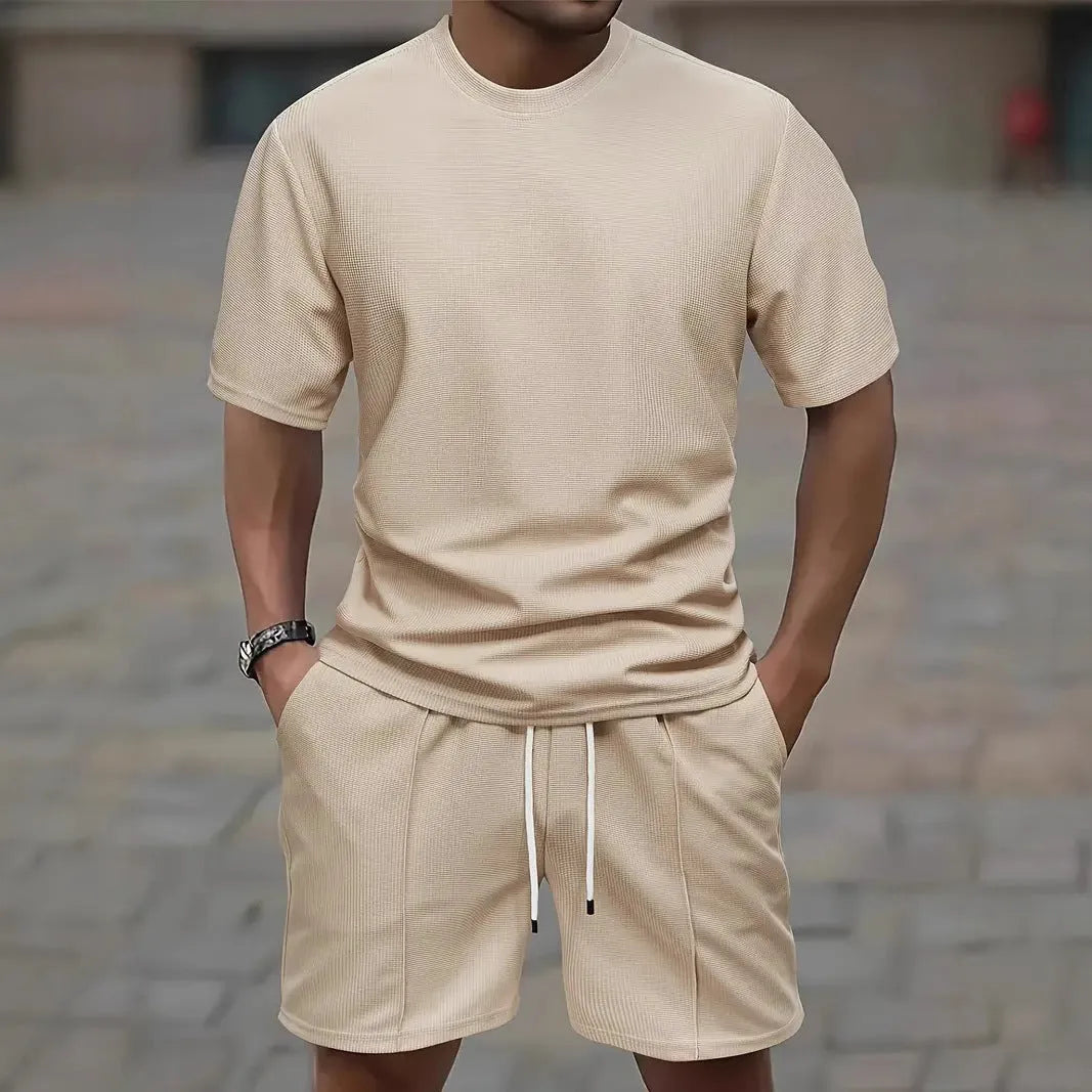 Men's waffle texture short sleeve blouse and pants summer set in polyester fibre