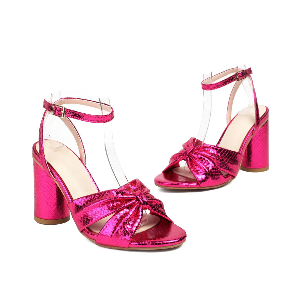 Women's plus size high heel peep toe sandals with ankle buckle in gold, silver, red, or green colours