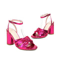 Women's plus size high heel peep toe sandals with ankle buckle in gold, silver, red, or green colours