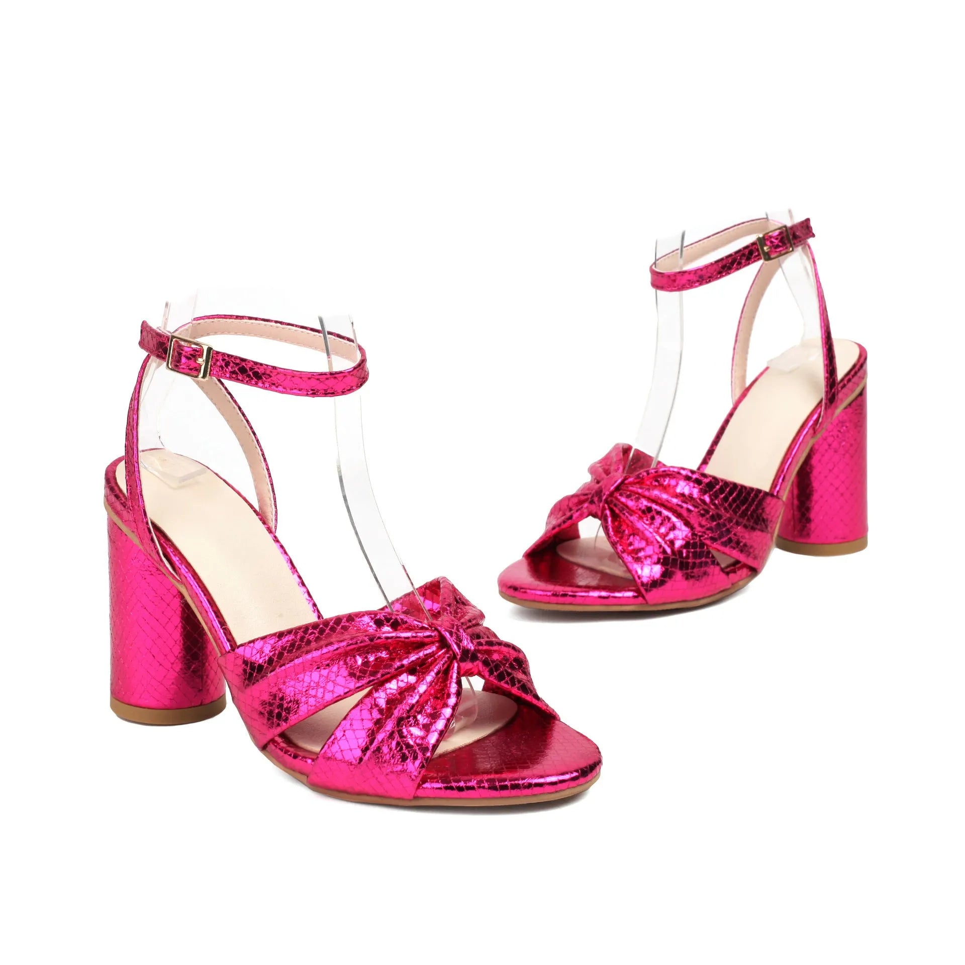 Women's plus size high heel peep toe sandals with ankle buckle in gold, silver, red, or green colours