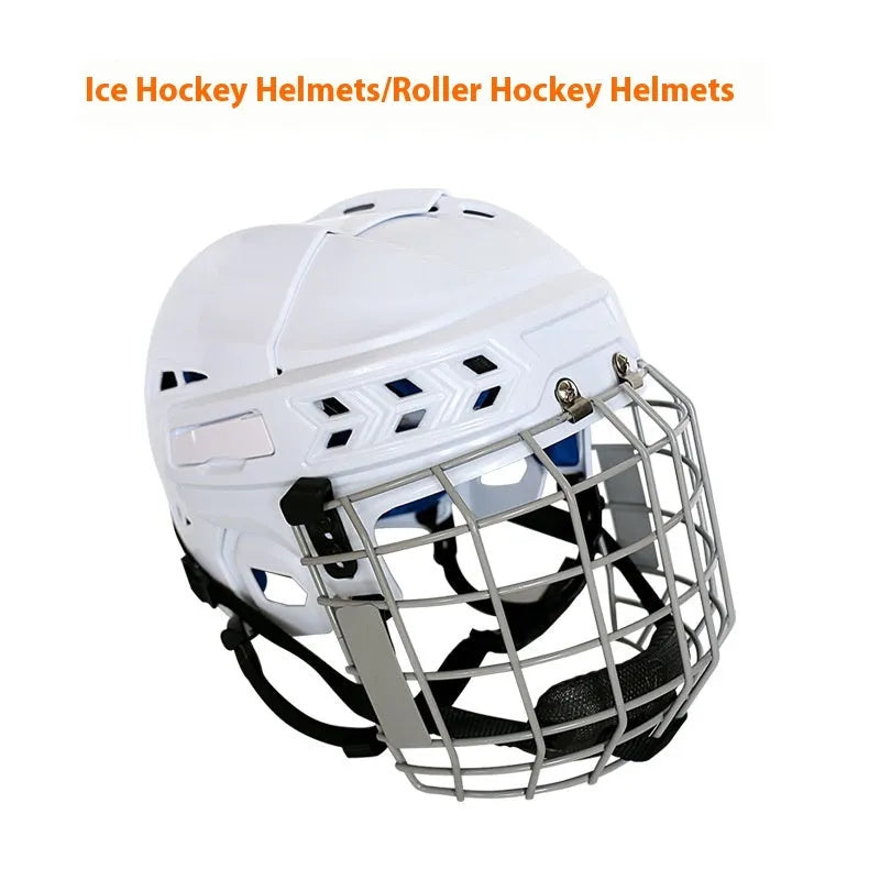 Ice hockey helmet with an integrated carbon steel face mask shown in size L.