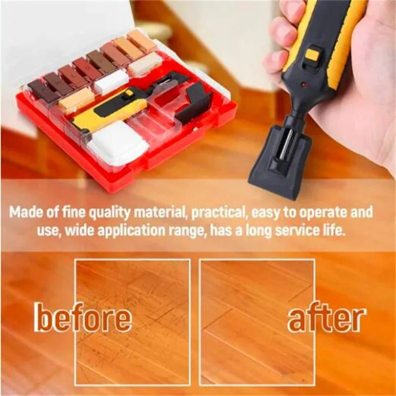 Floor repair tool kit with plastic handles and wax sticks for tile restoration