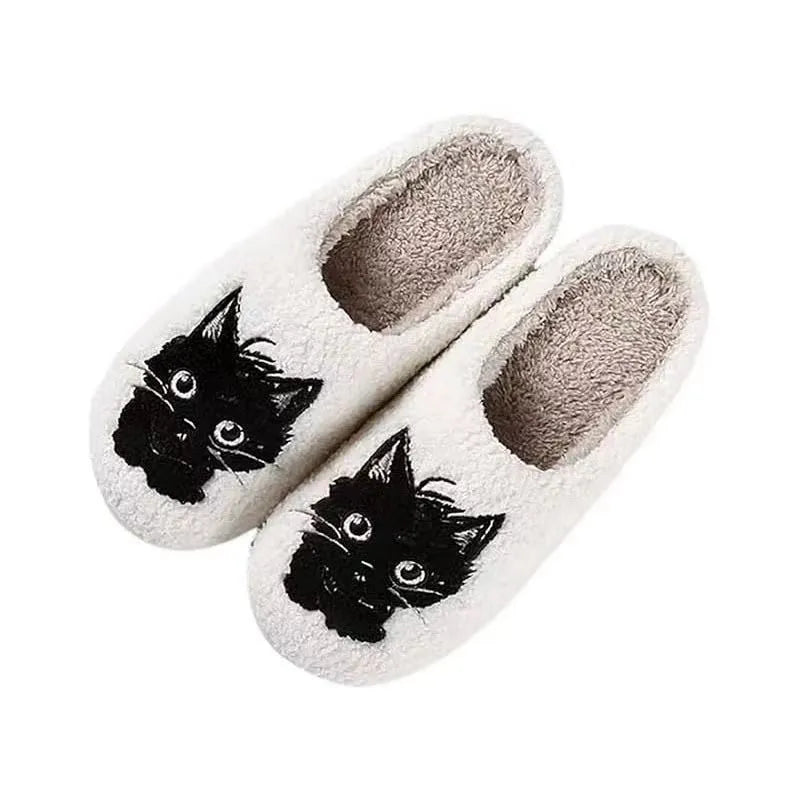 White cartoon cat couple cotton slippers with plush construction and non-slip TPR soles