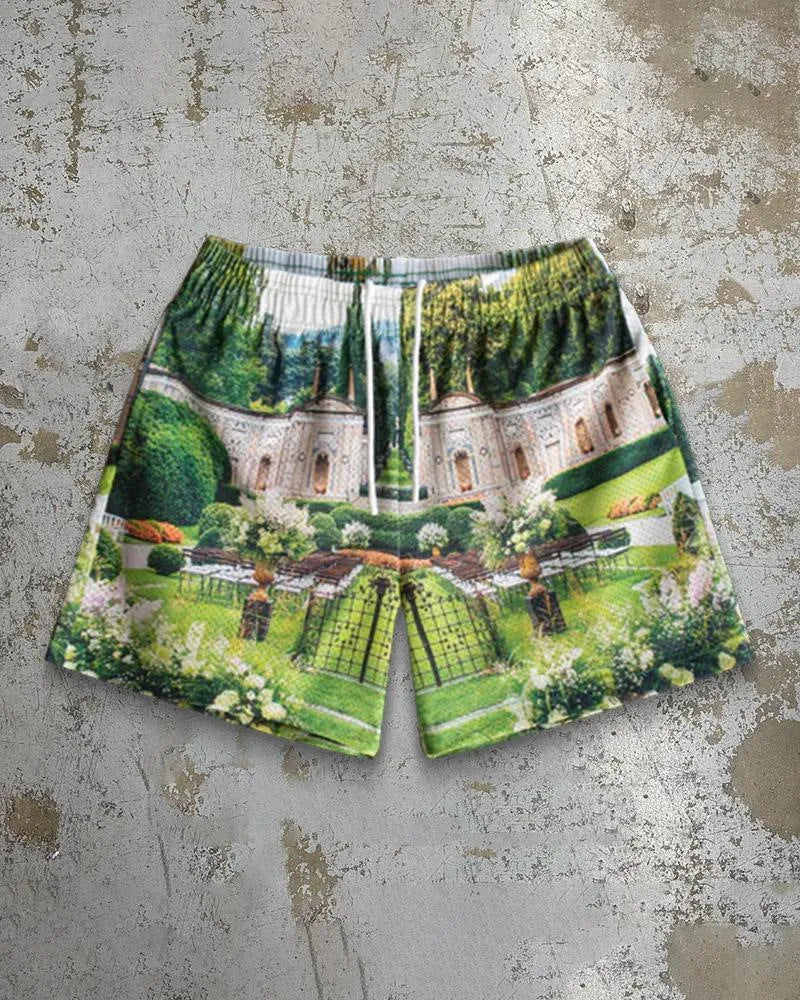 Men's loose fit beach shorts with digital print pattern in milk silk polyester fabric